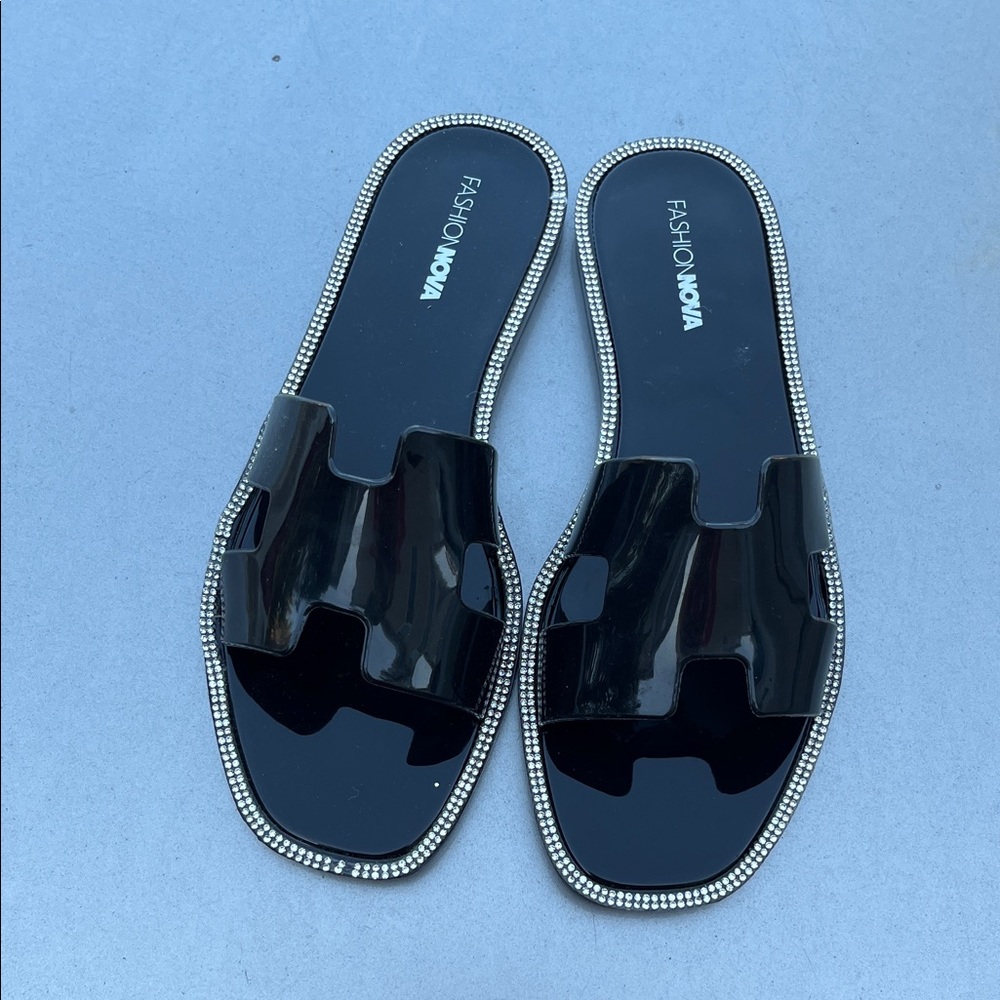 Fashion Nova Black Patent Slide Sandals with Crystal-Trim